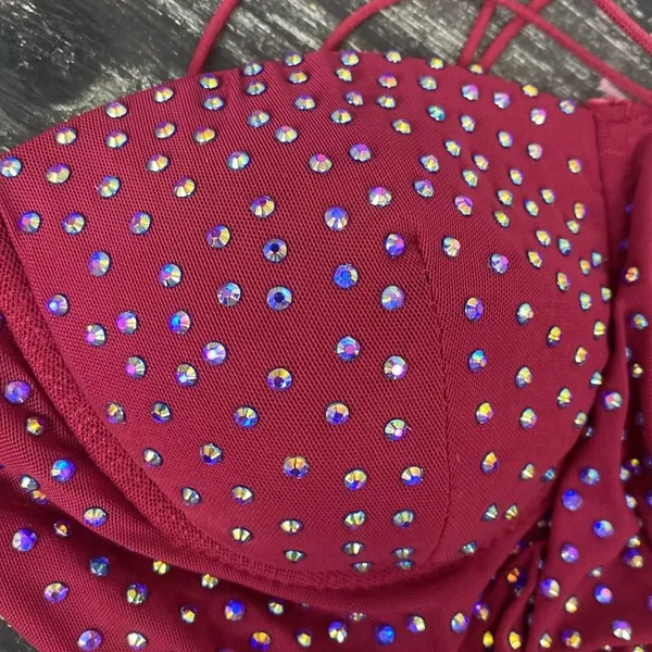 Haute Monde Burgundy Red Rhinestone Embellished Body Suit NEW M - Image 5