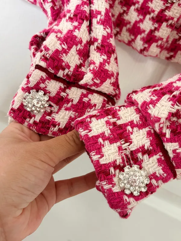 Zara XS Pink White Houndstooth Cropped Tweed Jacket Rhinestone Buttons Preppy Chic - Image 8