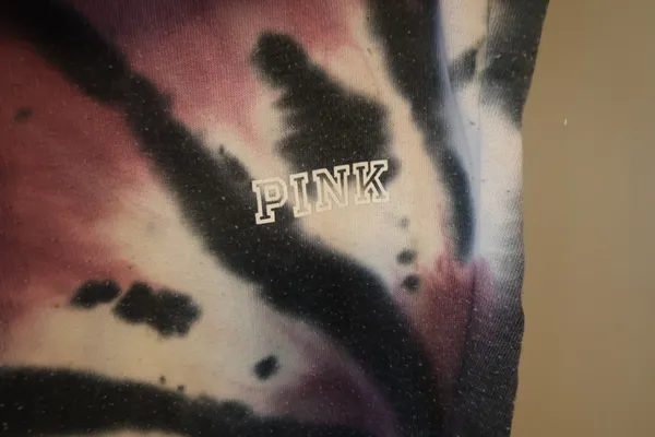 PINK Victoria's Secret tie dye sweatpant joggers outline pink on left leg in purple, black and pink size XS. - Image 5