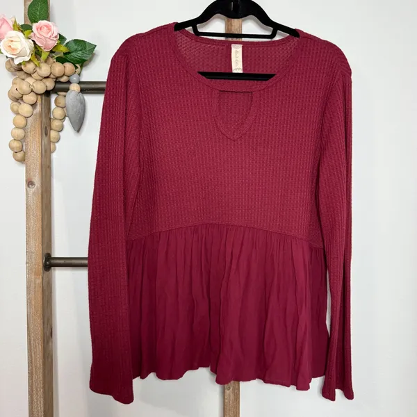 Altard State Long Sleeve Burgundy Waffle‎ Knit Top Size Large - Image 3
