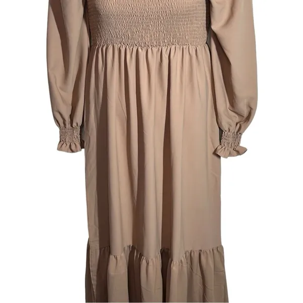Khaki Smocked Maxi Dress Large Boho Square Neck Ruffle Hem Festival - Image 7