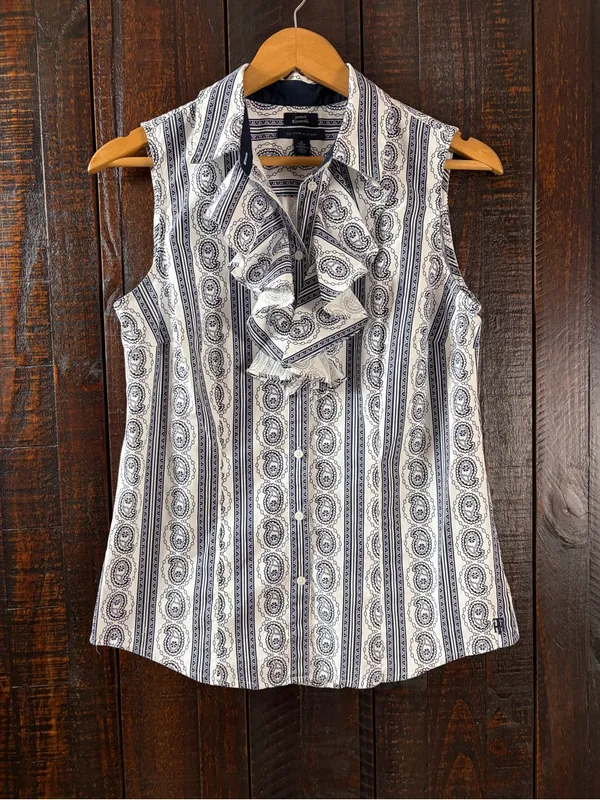 Tommy Hilfiger Sleeveless Ruffled Paisley Stripe Blouse Medium - Image 2
