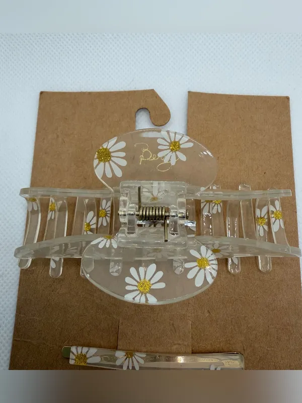Clear Daisy Hair Claw and Pin Set - White & Gold Floral - Image 3