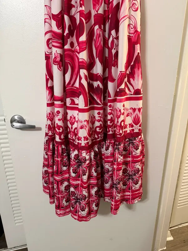 Red and white floral and paisley print maxi dress with ruffle hem - Image 3