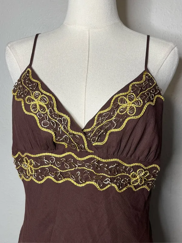 NEW Vintage Chocolate Brown 100% Silk Gold Embroidered Babydoll Top Deadstock - Image 3
