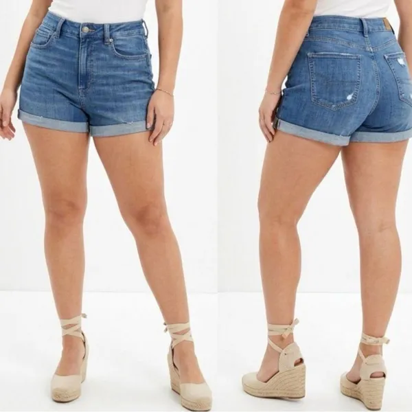 American Eagle High-Rise Blue Denim Roll-Cuff Women's Shorts SZ:6 - Image 2
