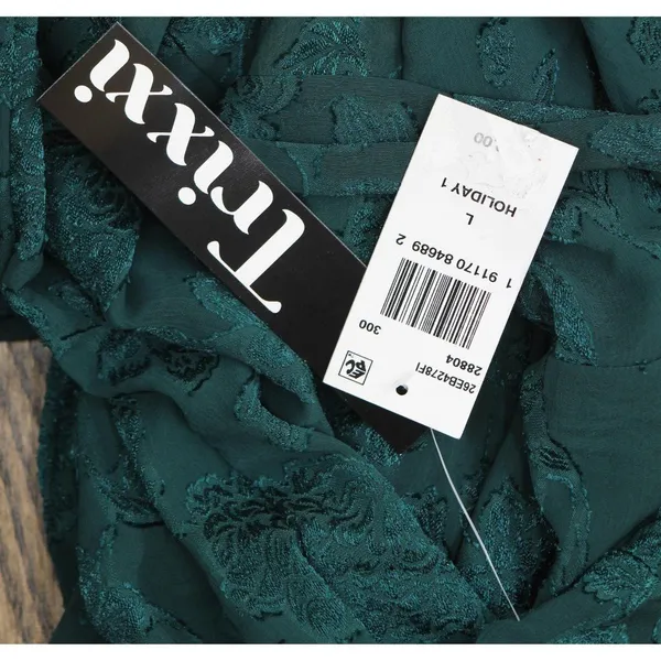 NWT Trixxi Waist Ruffled Jacquard Fit Flare Sheer Sleeved Dress Hunter Green L - Image 6