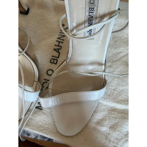 Manolo Blahnik White Leather Lace-Up Sandals Heels Size 37.5 - Image 4