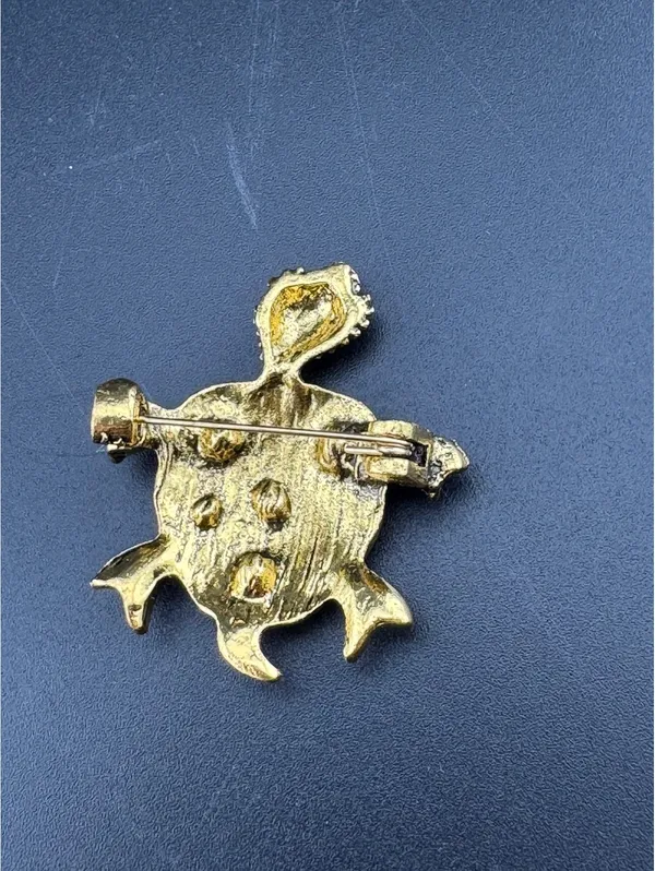 Gold Tone Turtle Brooch with Blue and Green Rhinestones - Image 3