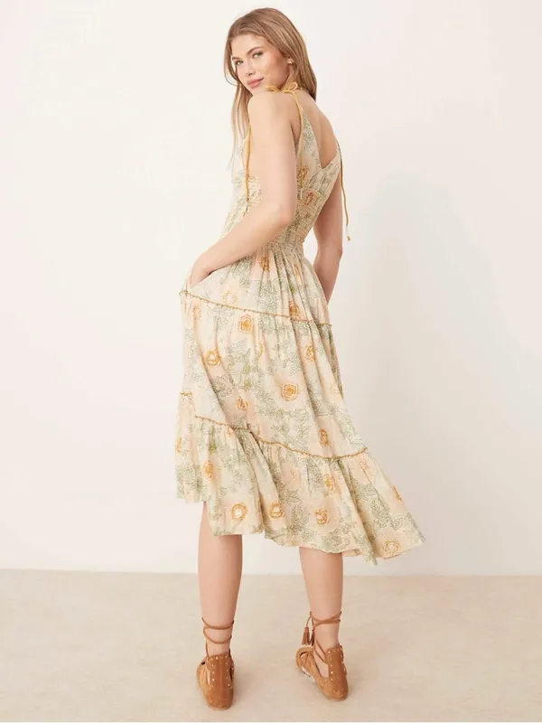 Free People Bohemian Dainty Cottage Adriel Tiered Midi Dress Ivory Floral Small - Image 15