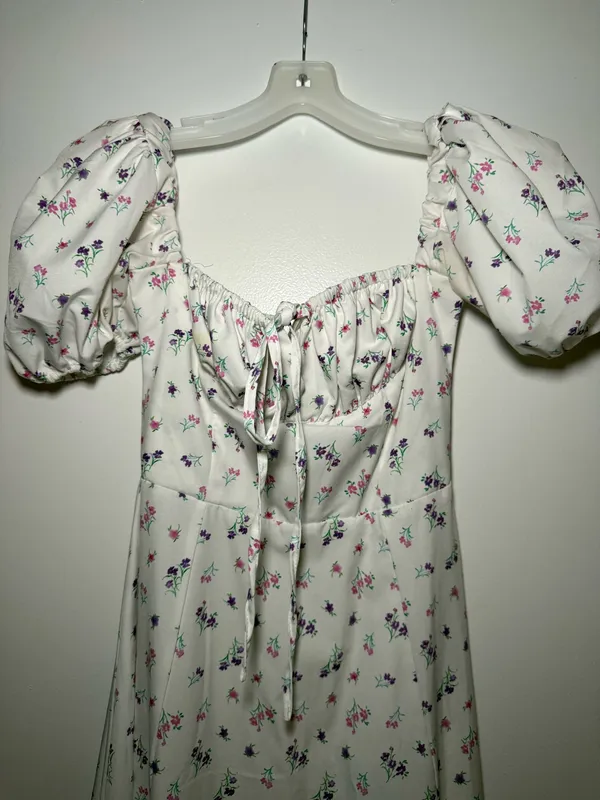 White Floral Off/On Shoulder Short Sleeve Maxi Dress Women’s XS - Image 4