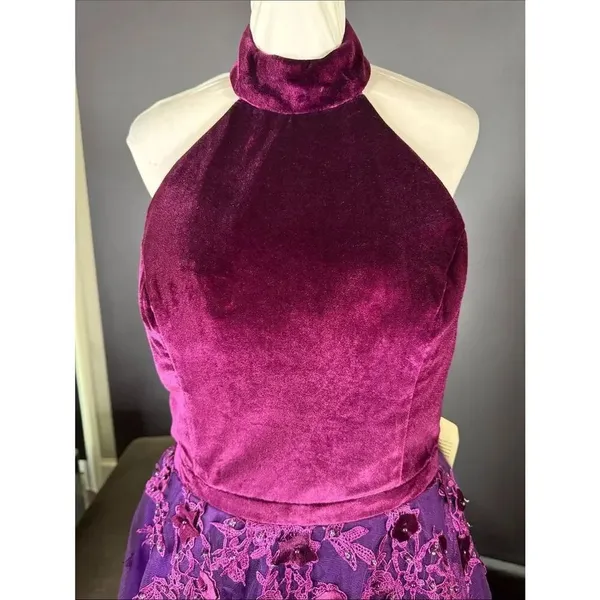 Women’s Velvet Halter Purple Party Dress Floral Tulle Skirt Size M NWT - Image 2