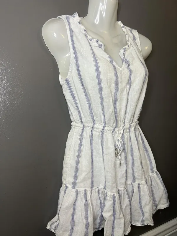 Blue Island Dress Womens XS White Striped Ruffle Hem Drawstring Waist Sundress - Image 3