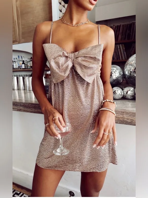 Show Me Your Mumu Best Bow Gold Dress Sleeveless Babydoll Mini Dress SMALL - Image 4