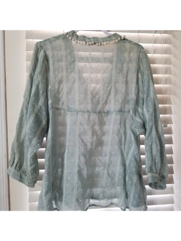 Zara Sheer Blue Embroidered Boho Blouse Womens Medium Long Sleeves Lace Details - Image 4