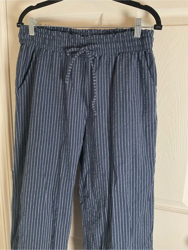 Women’s Blue & White Striped Linen Blend Wide Leg Pants Drawstring Lounge Size L - Image 4