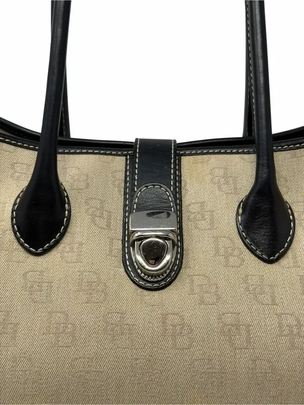 Dooney & Bourke Monogram Canvas Tote Bag Beige Black Leather Shoulder Bag - Image 2