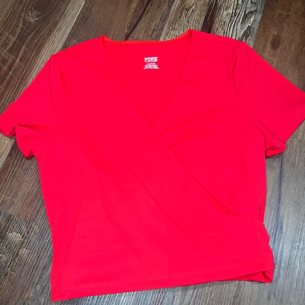 PINK Victoria's Secret Vivid Red Short Sleeve Wrap Top - Image 2
