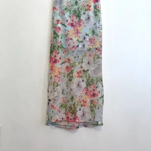 HAUTE MONDE Light Blue Pink Floral Semi Sheer Mesh Strapless Midi Dress ? w Slit - Image 16