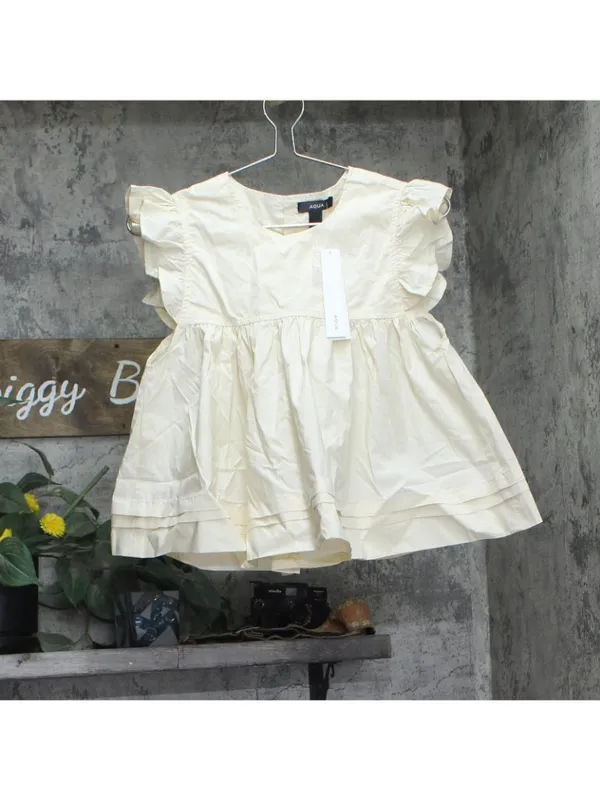 NWT Aqua Crop Cotton Cropped Babydoll Poplin Flutter Top Ivory Off White XS - Image 2