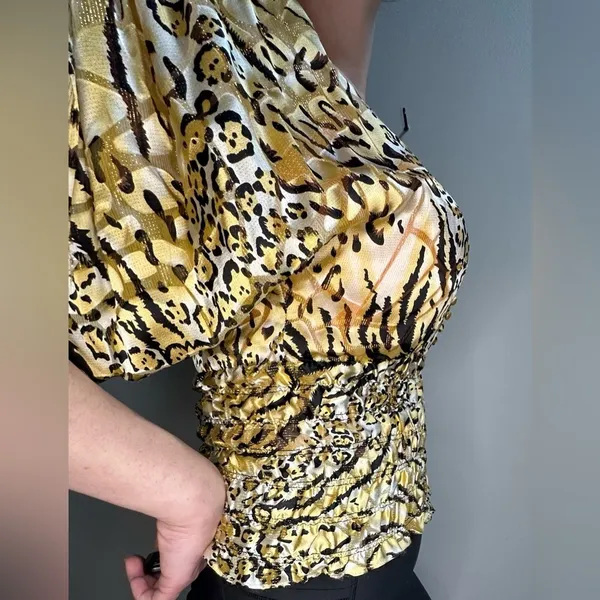 Cache Vintage 1980s Gold Cheetah Print Silk Dolman‎ Blouse Cinched Waist Women S - Image 4