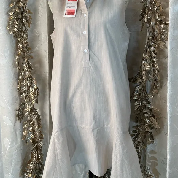 Sleeveless Beige‎ Cotton Linen Ruffle Hem Shirt Dress M NWT Pockets Chic - Image 2