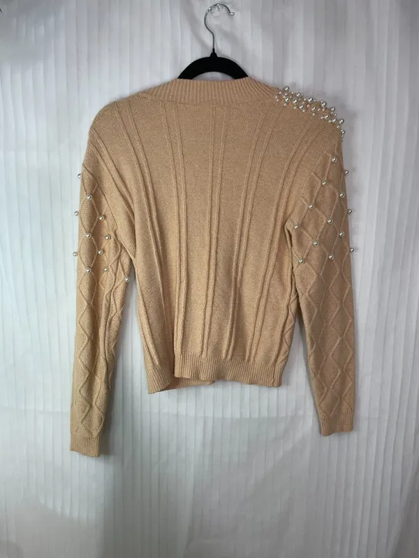 Women's Pearl Embellished Knit Sweater Beige Mock Neck Long Sleeve S/M - Image 2