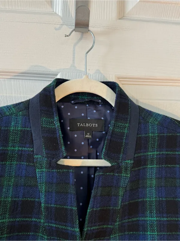 Talbots Wool Blend Green Blue Plaid Blazer Size 12 Crest Buttons Holiday - Image 7