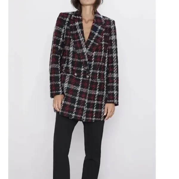 ZARA Overside Plaid Front Double Breasted Tweed Blazer Button Lined M Black Red - Image 12