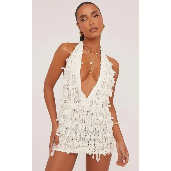 New EGO Extreme Plunge Mini Bodycon Dress In Cream Texture Size 8 - Image 3