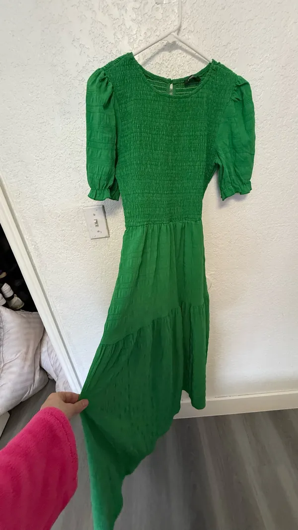 Boho Green Smocked Maxi Dress - Puff Sleeve Tiered Long Dress - Size S - Image 8