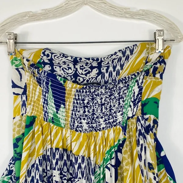 Forever 21 Tropical Strapless Yellow Blue Green Mini Dress Sundress Womens L - Image 8