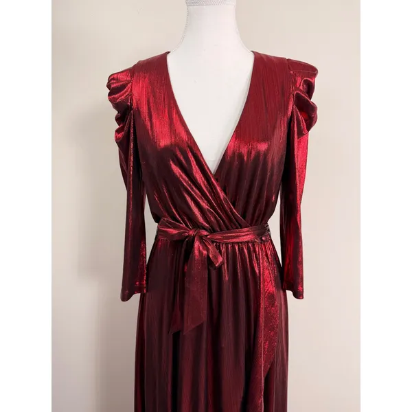 Retrofête Flora Metallic Red Lame Wrap Maxi Puff Sleeve Asymmetrical Gown Small - Image 3