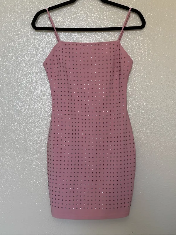 Windsor Pink Rhinestone Bodycon Mini Dress S Y2K Party Cocktail Spaghetti Strap - Image 2