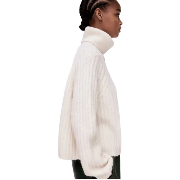 Zara Cream Light Pink Wool Alpaca Blend Ribbed Knit Turtleneck Sweater Medium - Image 8