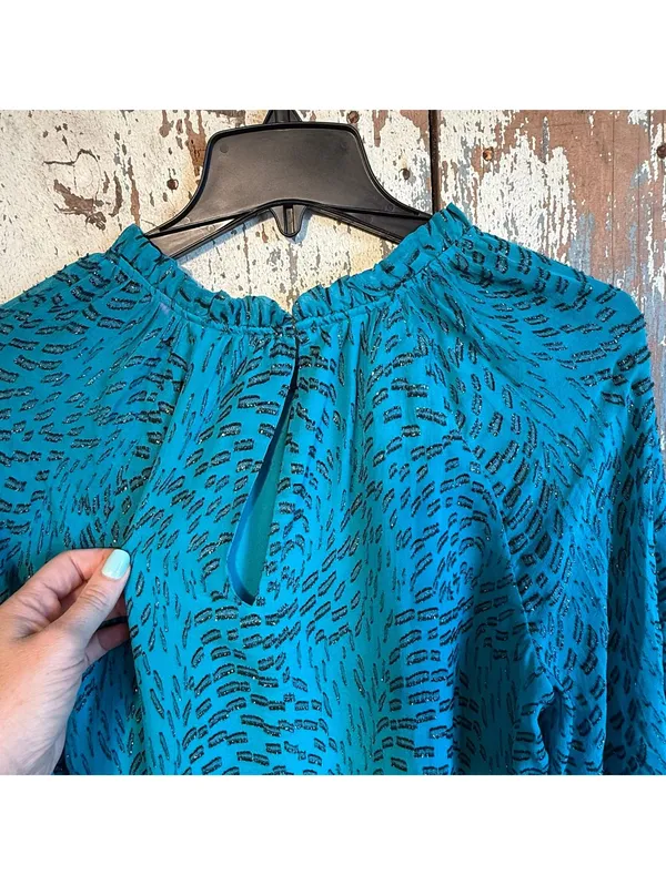 Lilly Pulitzer Silk Caline Metallic Turquoise Top Long Sleeve Blouse, size Large - Image 5