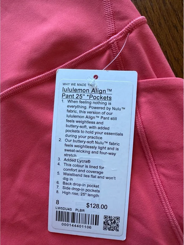 Lululemon Align Pockets High Rise 25” Pale Raspberry Double Lined Size 8 NWT - Image 4