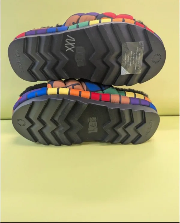 UGG Rainbow Puff Platform Slide Slippers with Black Plush - Image 3