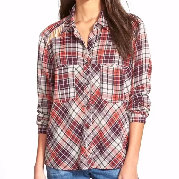 Free People Stitch Detail Plaid Boho Western Snap Shirt in Ash Combo Size Medium - Image 14