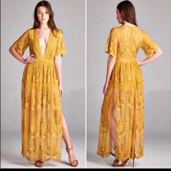 Socialite mustard embroidered lace plunge maxi dress Size Xs 100% Nylon & Cotton - Image 2