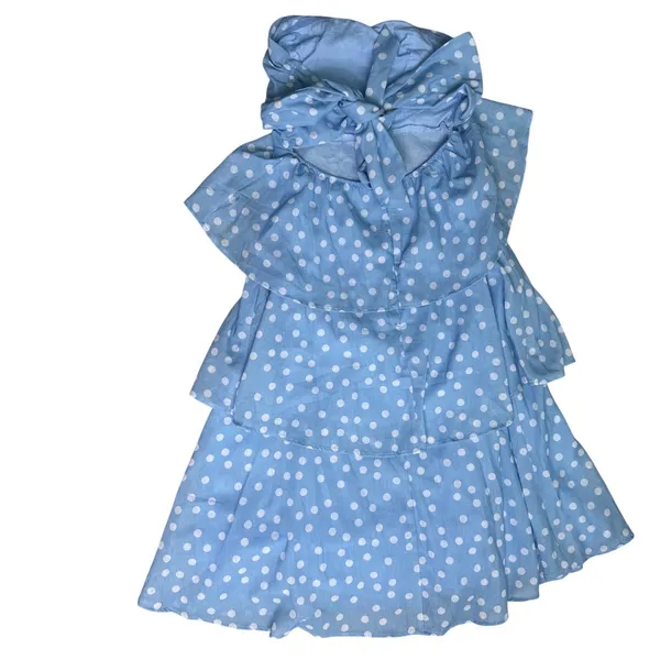 Indikah Lorcan strapless ruffle dotted midi white blue dress tie back‎ tiered XL - Image 9