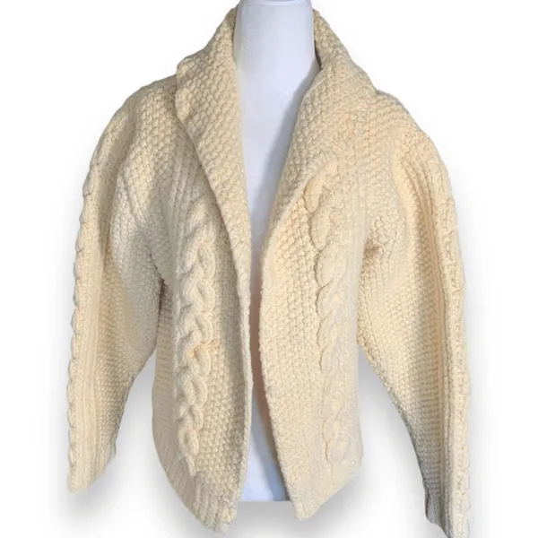 Vintage Hand Knit Oatmeal Cable Knit Fisherman Cardigan Sweater Cropped Cozy - Image 2