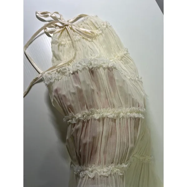 Cream Pleated boho Halter top Maxi skirt ruffle Tiered Open Back Resort‎ S - Image 7