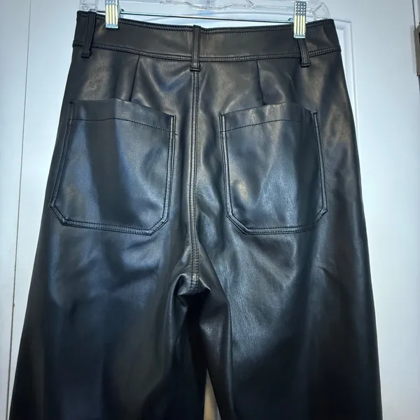 Zara Black Faux Leather 8 Pants Wide Leg High Rise Trousers Patch Pockets Chic - Image 4