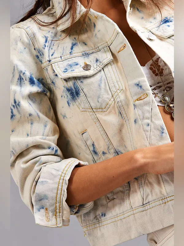 Free People Rumors Denim Jacket Jones Tie Dye Blue Small NWOT - Image 2