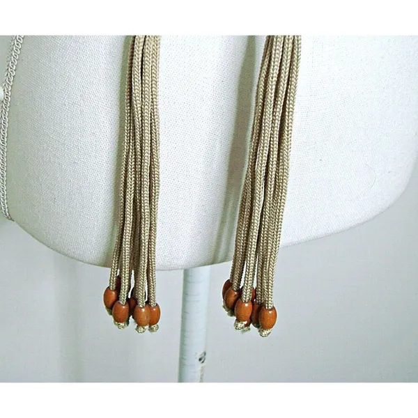 Braided Fringe Beaded Boho Waist Belt Beige Brown Thin Dress Macrame Rope Gypsy - Image 2