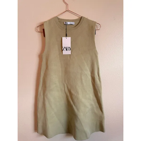 Zara Knit Mini Dress Women Small Sage Green A-Line Sleeveless Crew Neck 5536/053 - Image 3