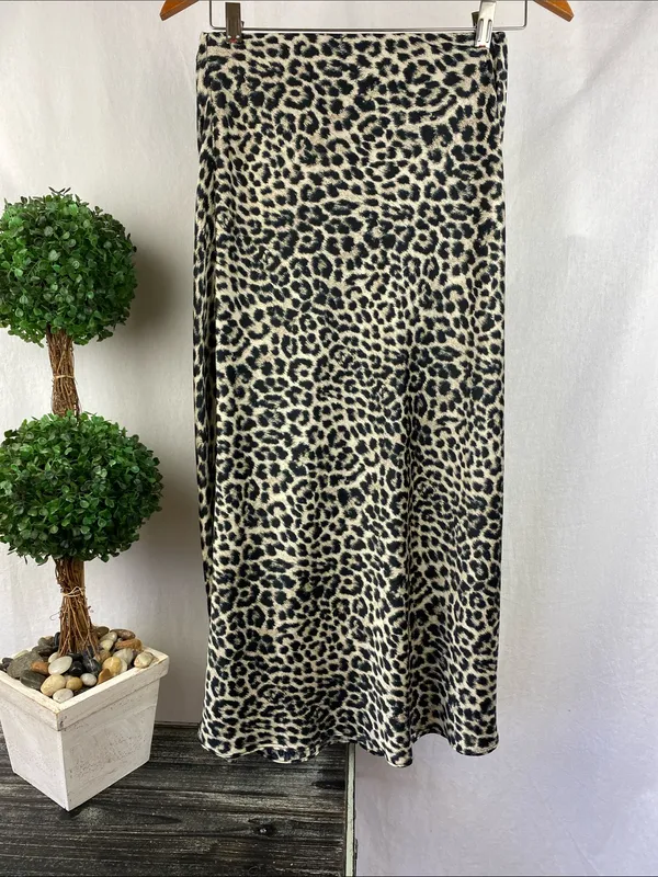 ALYA Black & Tan Animal Print Satin Midi Skirt L - Image 2