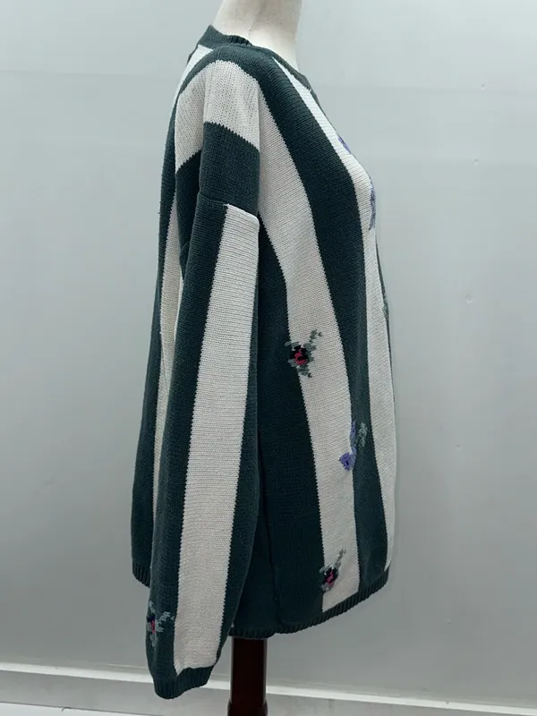 Vintage 90s Paris Sport Club Floral Striped Knit Sweater L Cottagecore Grandma - Image 4