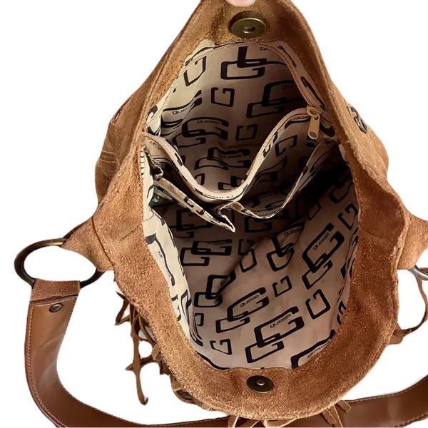 Vintage Y2K 90s Guess Tan Suede Fringe Western Bohemian Hobo Bag - Image 8